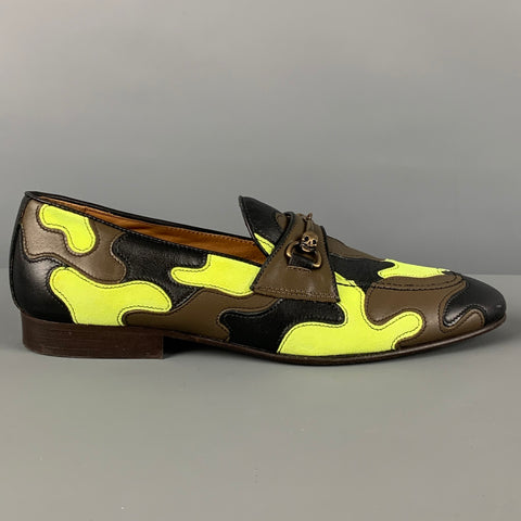DONALD J PLINER Size 8.5 Green Black Brown Camo Leather Slip On Loafers