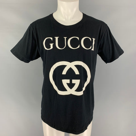 GUCCI Talla M Camiseta de manga corta de algodón con logo blanco y negro