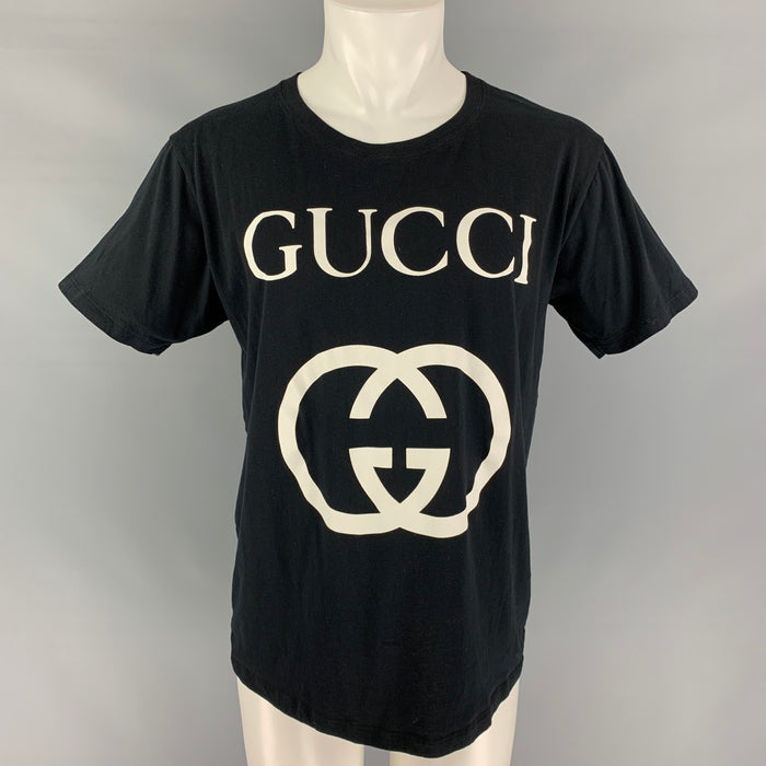GUCCI Size M Black & White Logo Cotton Short Sleeve T-shirt
