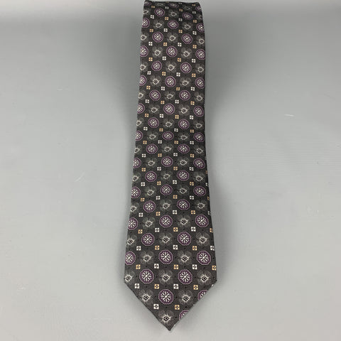 ERMENEGILDO ZEGNA Charcoal & PLum Floral Pattern Silk Tie