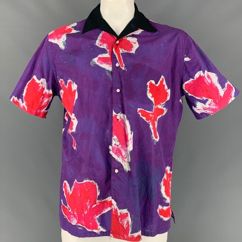 PRABAL GURUNG Size M Purple & Red Abstract Floral Cotton Short Sleeve Shirt