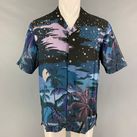 PAUL SMITH Size M Blue Navy Palms Viscose Button Down Short Sleeve Shirt