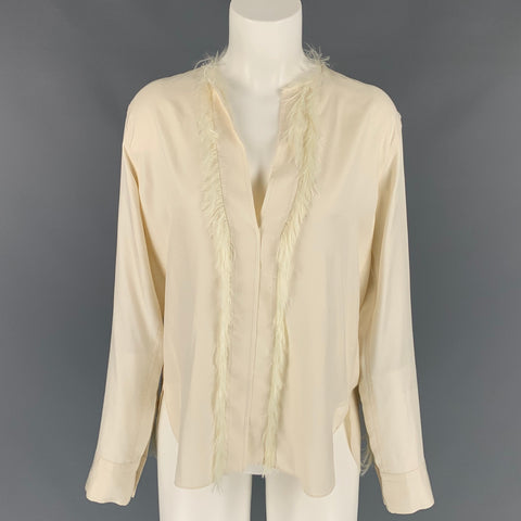 HELMUT LANG Size S Cream Twill Silk Fringe Blouse