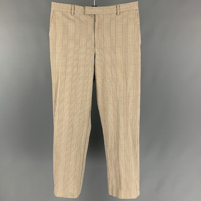 PAUL SMITH Talla 36 Pantalones de vestir con parte delantera plana de algodón a cuadros color topo y marrón