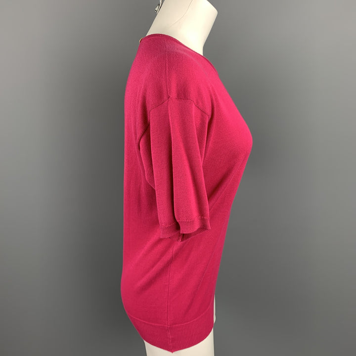YVES SAINT LAURENT Rive Gauche Size M Fuchsia Cotton Short Sleeve Sweater