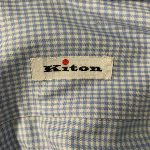 KITON Size XL White & Light Blue Gingham Cotton Button Down Long Sleeve Shirt