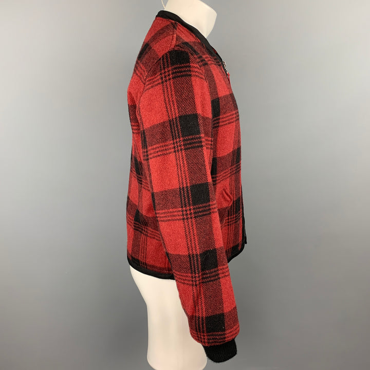 JOHN BARTLETT Uniforme Taille 40 Rouge &amp; Noir Plaid Wool Blend Zip Up Jacket