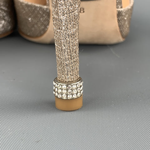 BADGLEY MISCHKA Size 8 Silver Metallic Beige Fabric Rhinestone Buckle D'orsay Pumps