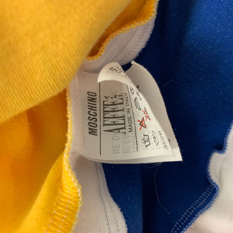 Vintage 1989 MOSCHINO COUTURE Cruise Me Baby Collection Size 8 Blue & Yellow Fleur de Lis Print Cotton Pullover