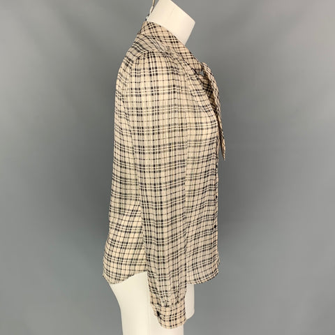 SAINT LAURENT Size S Nude Plaid Silk Pussy Bow Blouse