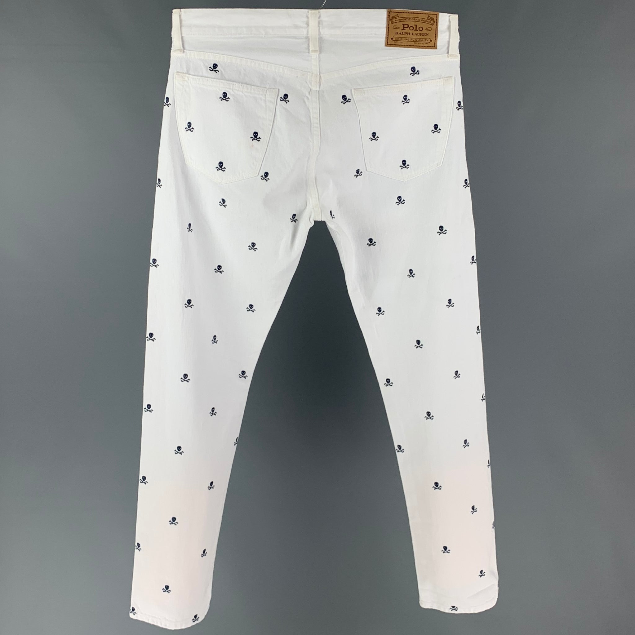 POLO by RALPH LAUREN Size 30 White Navy Skull Cotton Zip Fly Jeans Sui Generis Designer Consignment