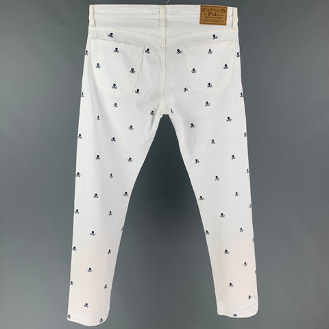 POLO par RALPH LAUREN Taille 30 Jean blanc et bleu marine en coton avec fermeture éclair et tête de mort