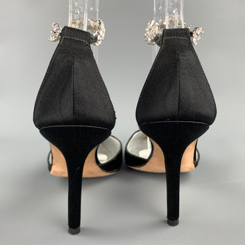 MANOLO BLAHNIK Size 8 Black Satin Silk Rhinestone Ankle Strap Sandals