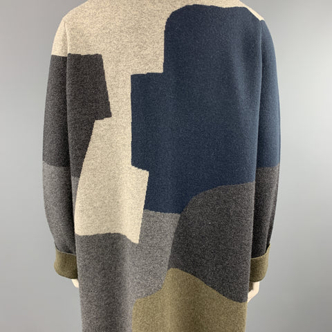 JIL SANDER Size 12 Grey Navy & Olive Green Color Block Cashmere Coat