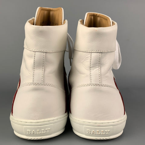 BALLY Size 9 White & Burgundy Stripe Leather High Top Sneakers
