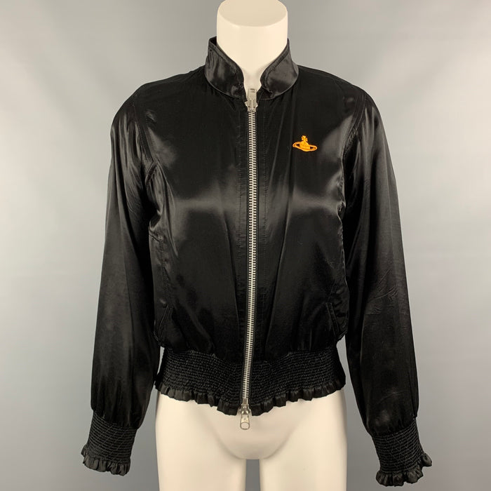 VIVIENNE WESTWOOD RED LABEL Size 2 Black Satin Embroidered Bomber Jacket