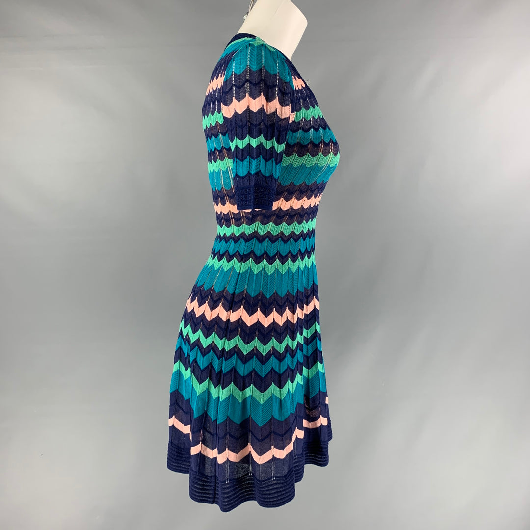 M MISSONI Size 2 Blue, Green and Pink Polyester Stripe Short Sleeve Dress Sui Generis Designer Consignment M MISSONI Size 2 Blue, Green and Pink Polyester Stripe Short Sleeve Dress Sui Generis Designer Consignment
