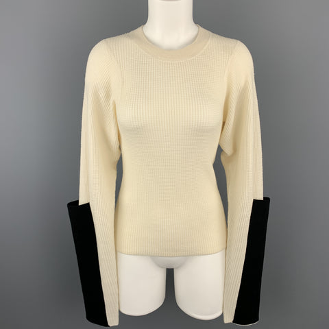 JOSEPH Size S Beige Merino Wool Waffel Knit Black Sleeve Pullover
