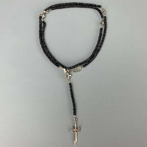 KING BABY Black Bead Sterling Silver Dagger Cross Necklace