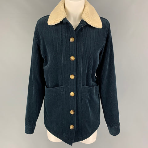 SEZANE Size S Navy Cream Cotton Textured Faux Shearling Jacket