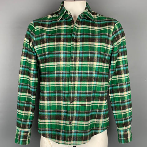 DSQUARED2 Size XL Green & Blue Plaid Cotton Button Up Long Sleeve Shirt