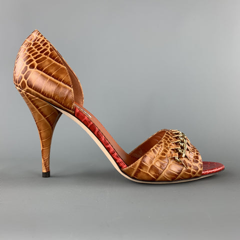 OSCAR DE LA RENTA Talla 10 Zapatos de tacón D'orsay con correa de cadena de cuero en relieve de cocodrilo marrón