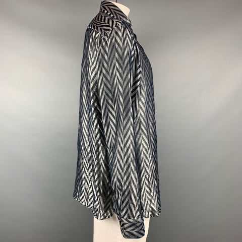 GIORGIO ARMANI Size XL Grey & Black Herringbone Silk Long Sleeve Shirt
