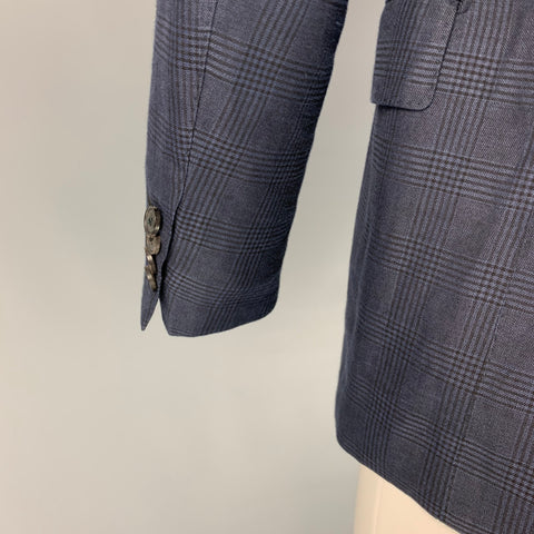 SALVATORE FERRAGAMO Size 38 Navy Plaid Linen Blend Notch Lapel Sport Coat