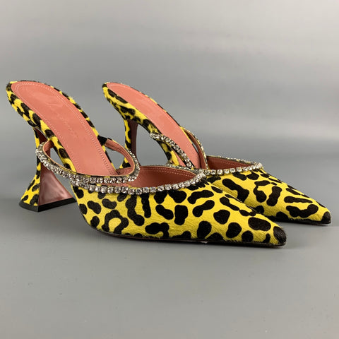 AMINA MUADDI Talla 8 Zapatos de tacón de leopardo con estampado animal amarillo y negro