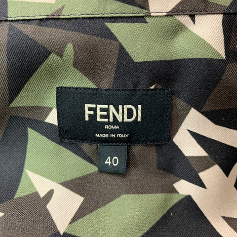 FENDI Size M Green Brown Abstract Silk Button Up Long Sleeve Shirt