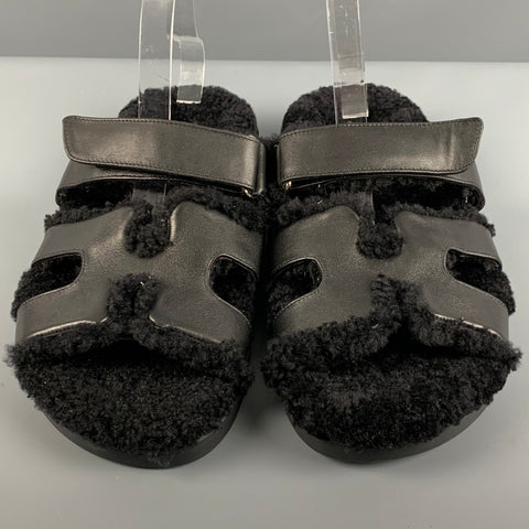 HERMES Size 9 Black Leather Sandals
