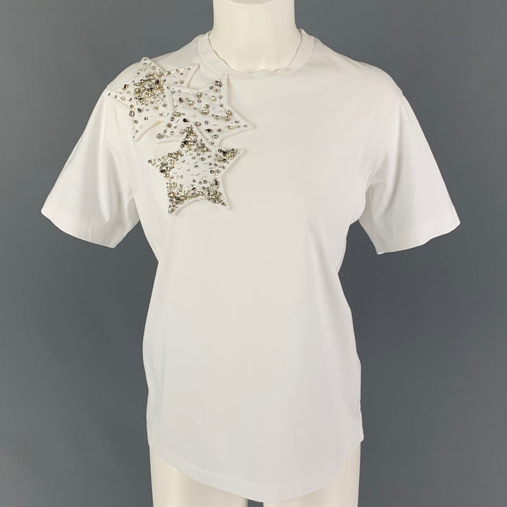 DSQUARED2 Talla XS Camiseta blanca con cuello redondo y apliques de algodón