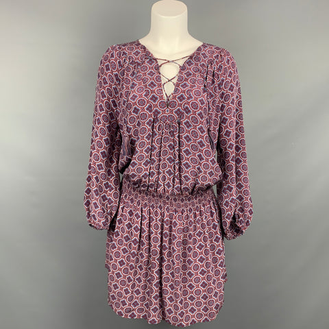 JOIE Size S Burgundy & Blue Print Silk Mini Elastic Waist Dress