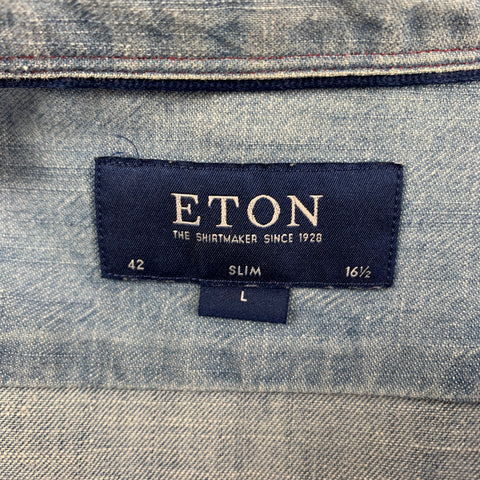 ETON Size L Light Blue Embroidery Cotton Long Sleeve Shirt