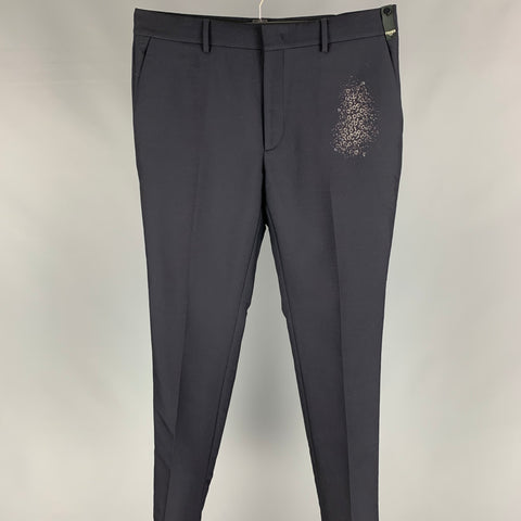 FENDI Size 34 Navy & Grey Embroidered Wool / Cotton Flat Front Dress Pants
