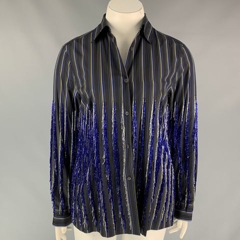 DRIES VAN NOTEN SS 19 Size L Navy & Grey Cotton Stripe Beaded Shirt