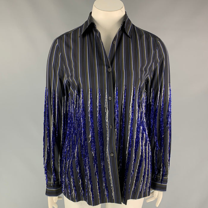 DRIES VAN NOTEN SS 19 Size L Navy & Grey Cotton Stripe Beaded Shirt