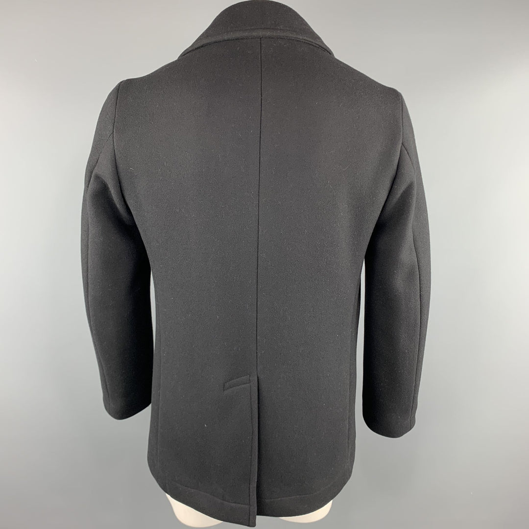 LACOSTE 40 Black Solid Wool Blend Double Breasted Peacoat