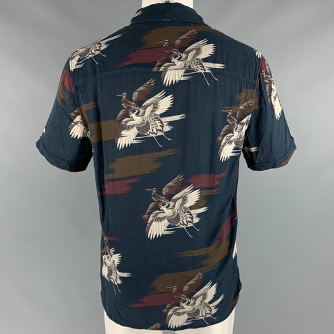 PAIGE Size M Navy Multi-Color Birds Rayon Short Sleeve Shirt