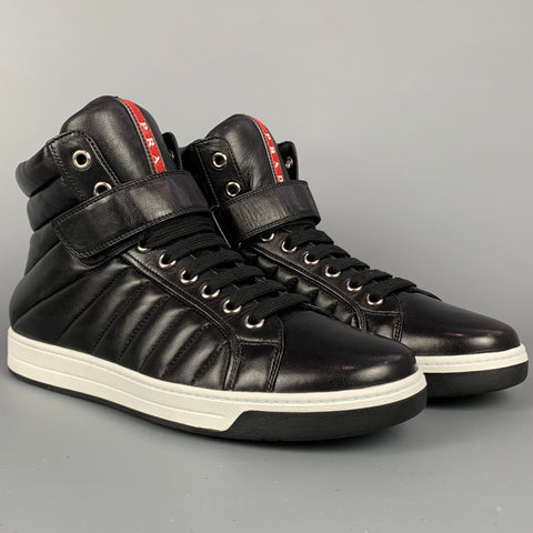 PRADA Size 10.5 Black Quilted Leather High Top Sneakers