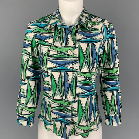 MARNI Size 4 White Blue Green Abstract Print Cotton Blouse