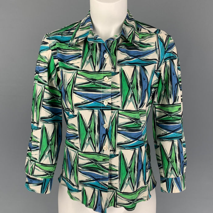 MARNI Size 4 White Blue Green Abstract Print Cotton Blouse