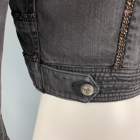 CHANEL 2008 Size 6 Charcoal Cotton Denim Chain Cropped Jacket