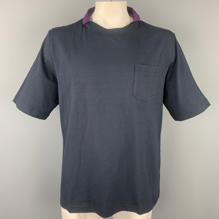 SACAI Size XL Navy & Purple Cotton / Nylon Short Sleeve T-shirt