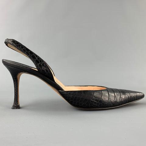 MANOLO BLAHNIK Carolyne Talla 10 Zapatos de tacón con tira trasera en piel de cocodrilo negra