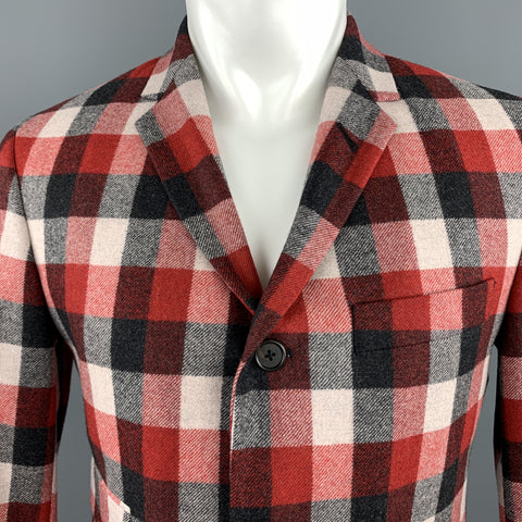 BLACK FLEECE Size 38 Notch Lapel Red Checkered Plaid Wool Sport Coat