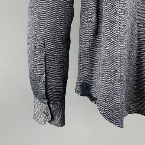 EMPORIO ARMANI Taille S Gris &amp; Marine Nailhead Coton Wired High Collar Chemise à manches longues