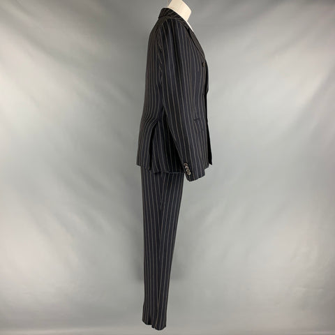 PRADA Size 34 Navy Cream Pinstripe Viscose Linen Pleated Suit