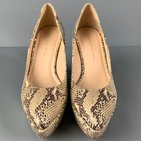 LOEFFLER RANDALL Size 8 Grey Beige Leather Snake Skin Print Embossed Wedge Pumps