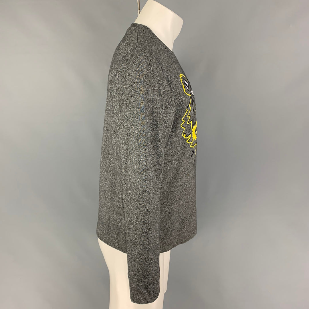 KENZO Size M Grey Yellow Embroidery Cotton Crew-Neck Pullover